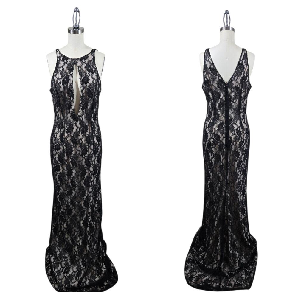 Y2K Stone Ferris Sterling Lace Gown 12 Black Nude Keyhole Maxi Formal Glam